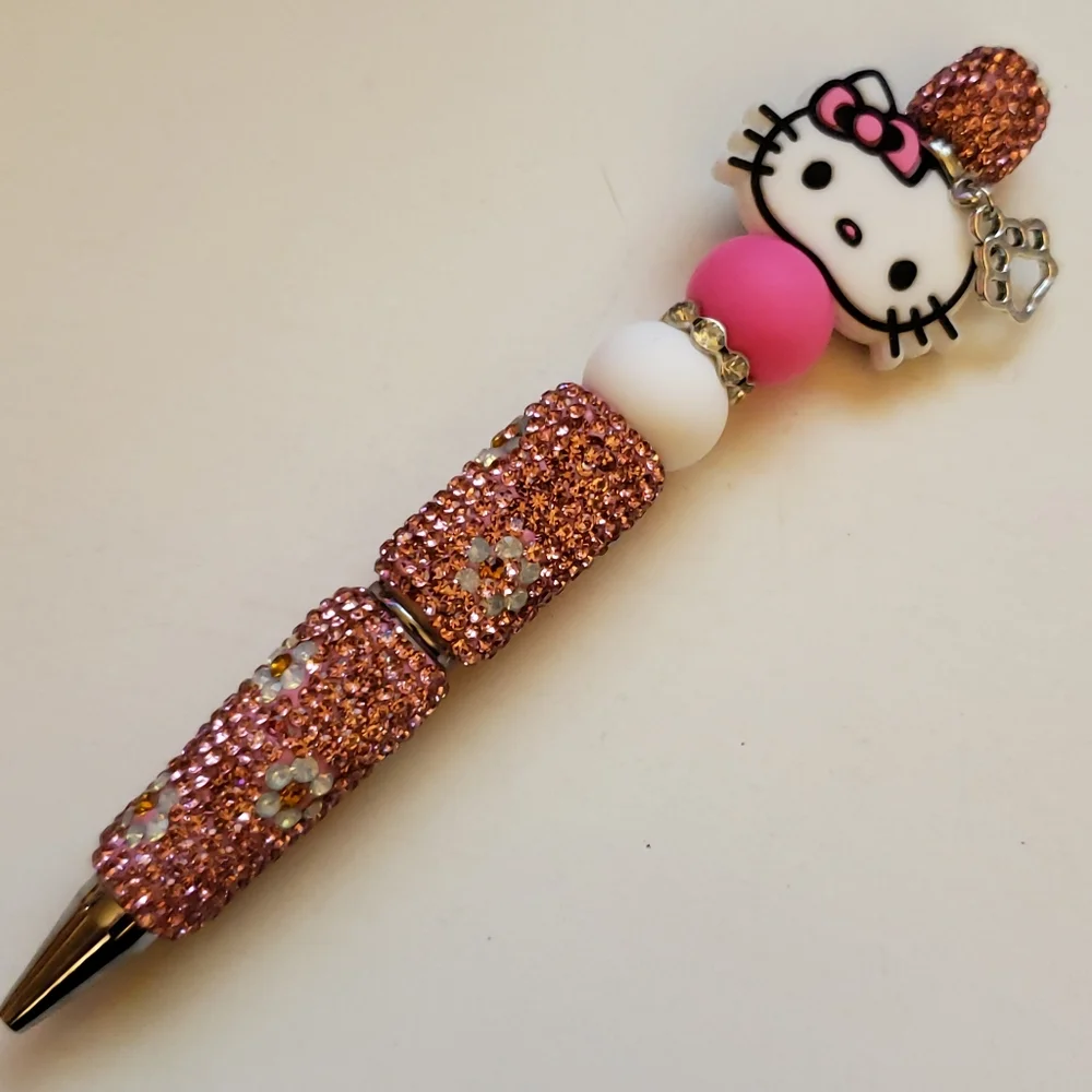 Handmade Pink White Hello Kitty Rhinestone Beaded Silicone Focal Bead Pen